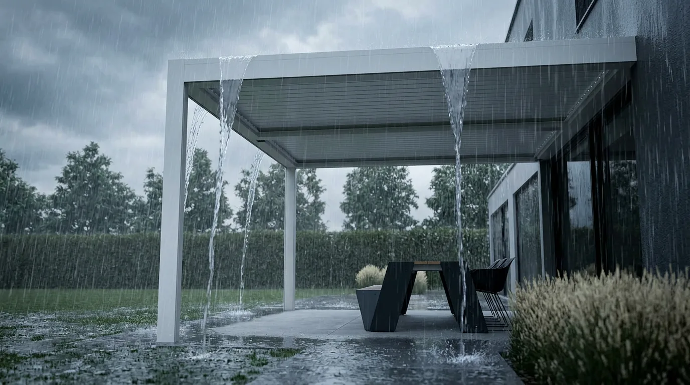 Pergola v dežju z zaprtimi lamelami